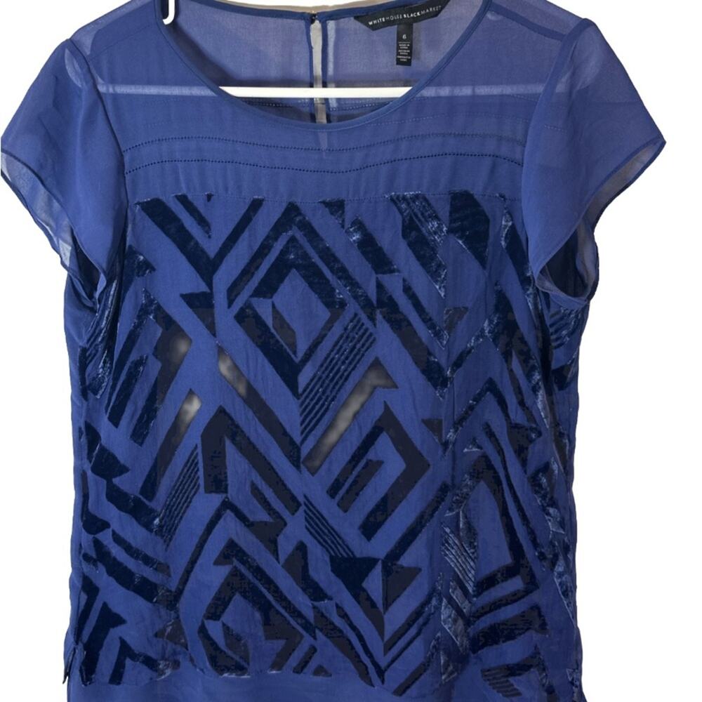 White House Black Market Sz 6 Blue Sheer Geometric Top